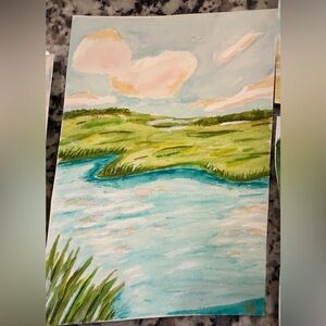 Vibrant Marsh Landscape Watercolor Painting